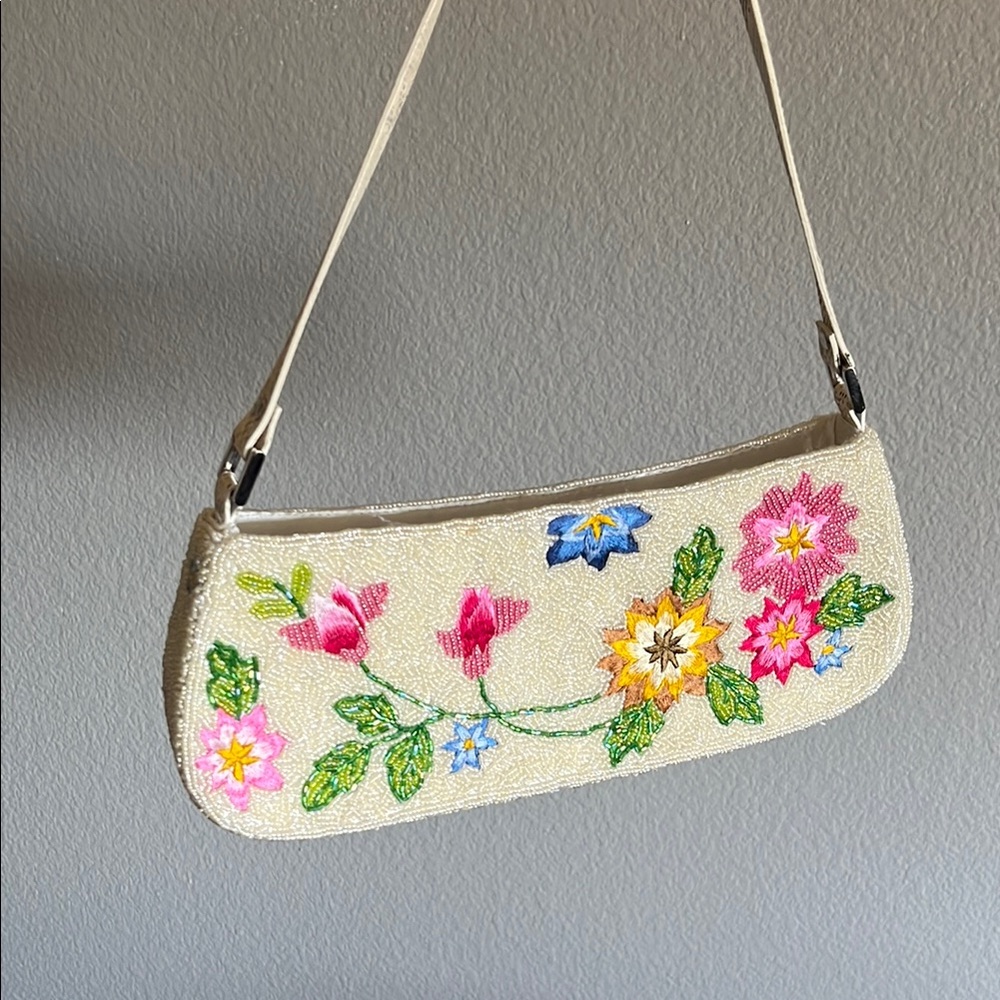 Floral Beaded Cream Shoulder Bag